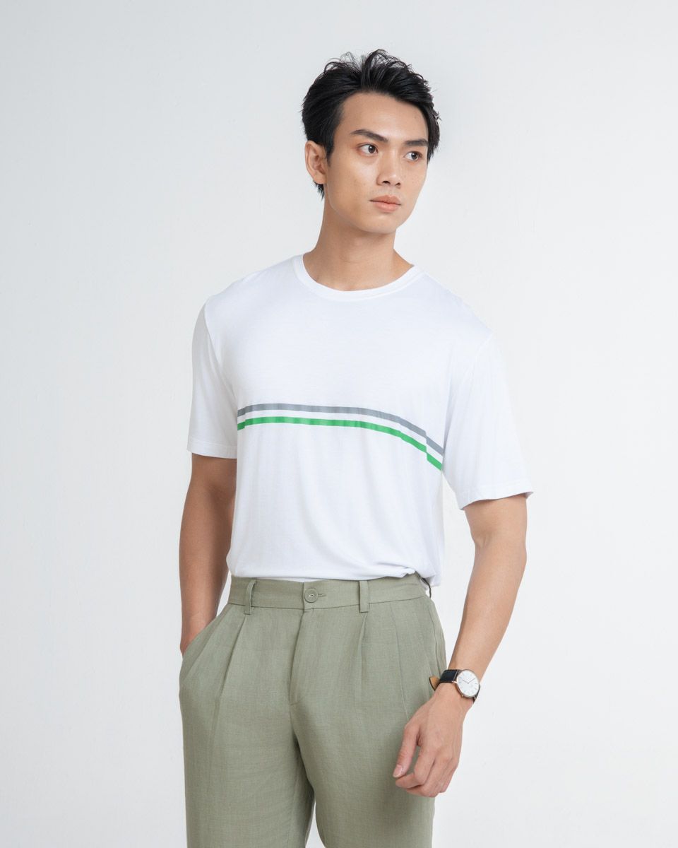 Áo Thun Cổ Tròn Trắng Sọc Xanh Xám