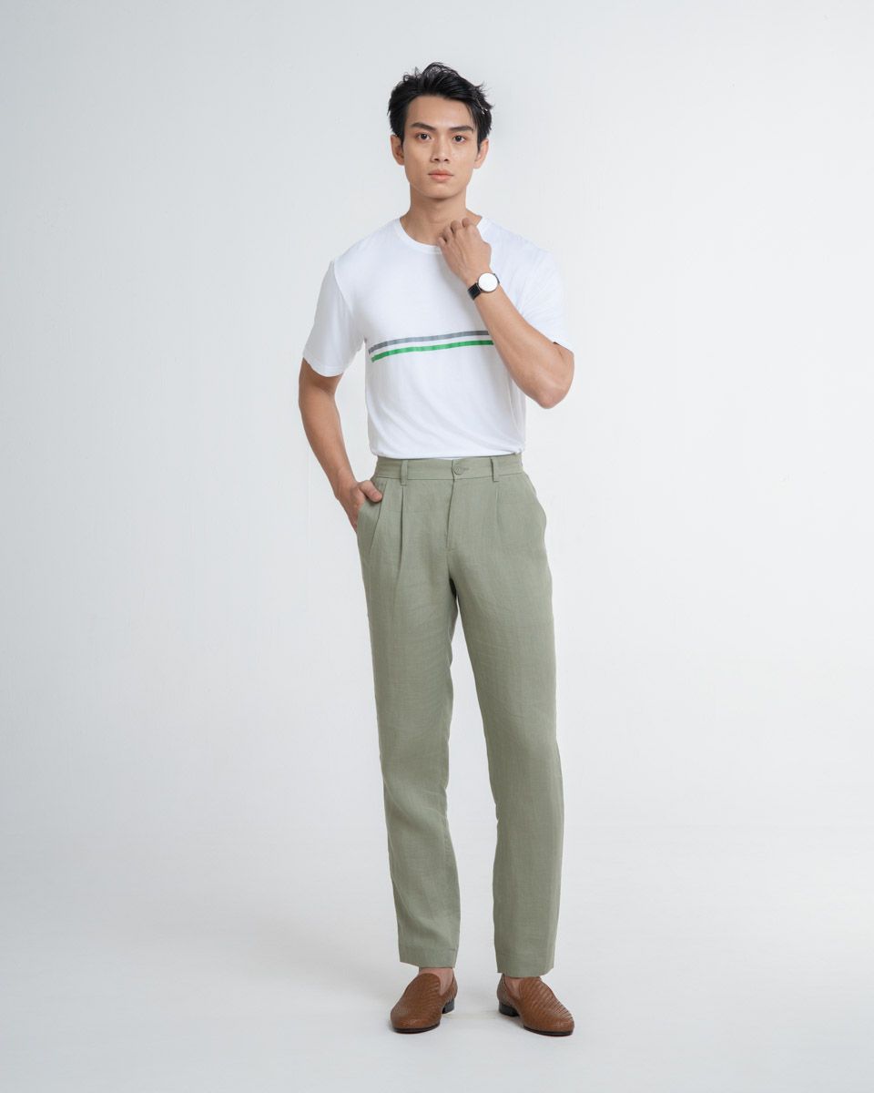 Áo Thun Cổ Tròn Trắng Sọc Xanh Xám