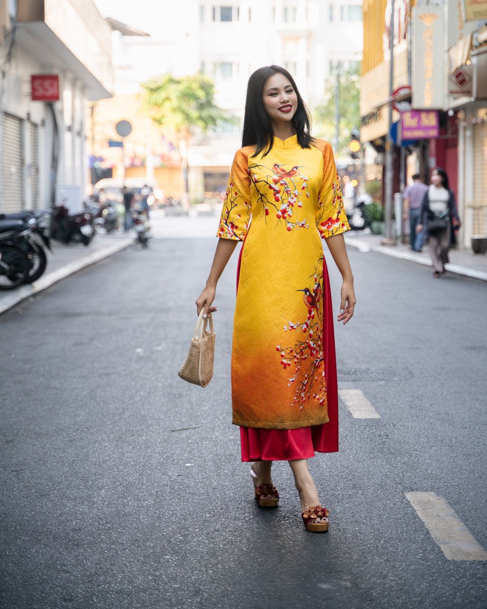 Áo Dài Nữ Gấm Vàng Cam Pride Việt Nam