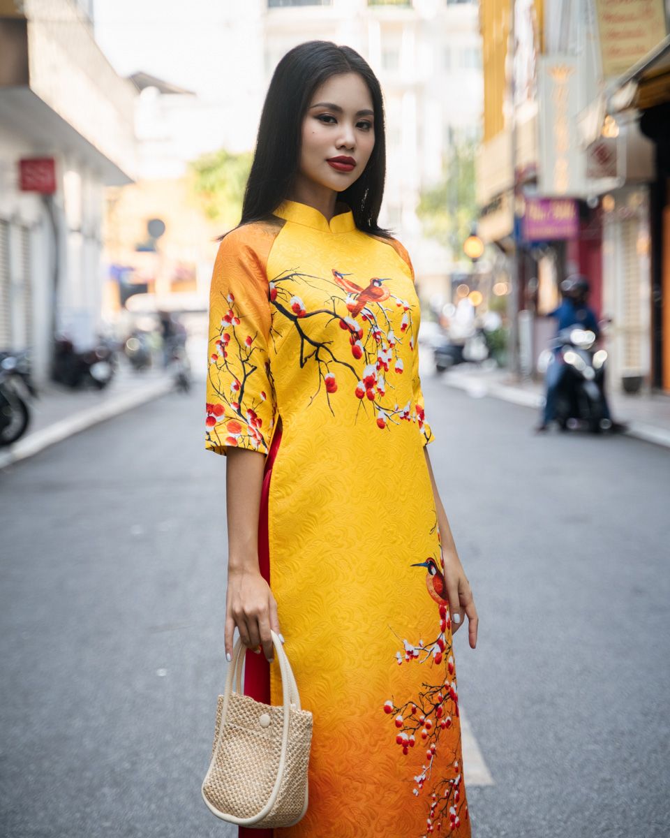 Áo Dài Nữ Gấm Vàng Cam Pride Việt Nam