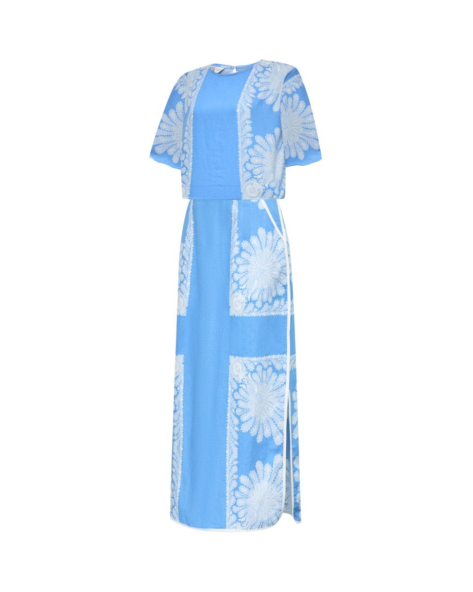 Áo Kiểu Nữ Linen Xanh Họa Tiết