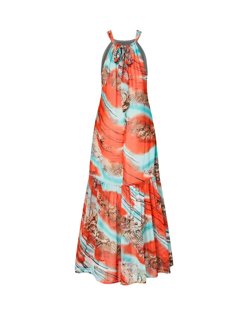 Đầm Lụa Cam Họa Tiết