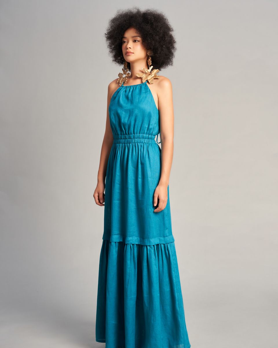 Đầm Nữ Linen Xanh Cổ Vịt Sắc Màu Tự Do