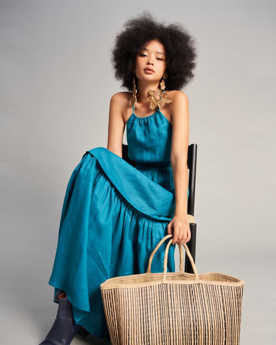 Đầm Nữ Linen Xanh Cổ Vịt Sắc Màu Tự Do