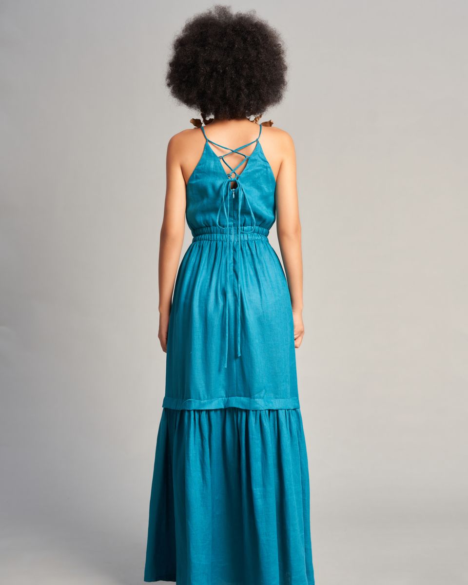 Đầm Nữ Linen Xanh Cổ Vịt Sắc Màu Tự Do