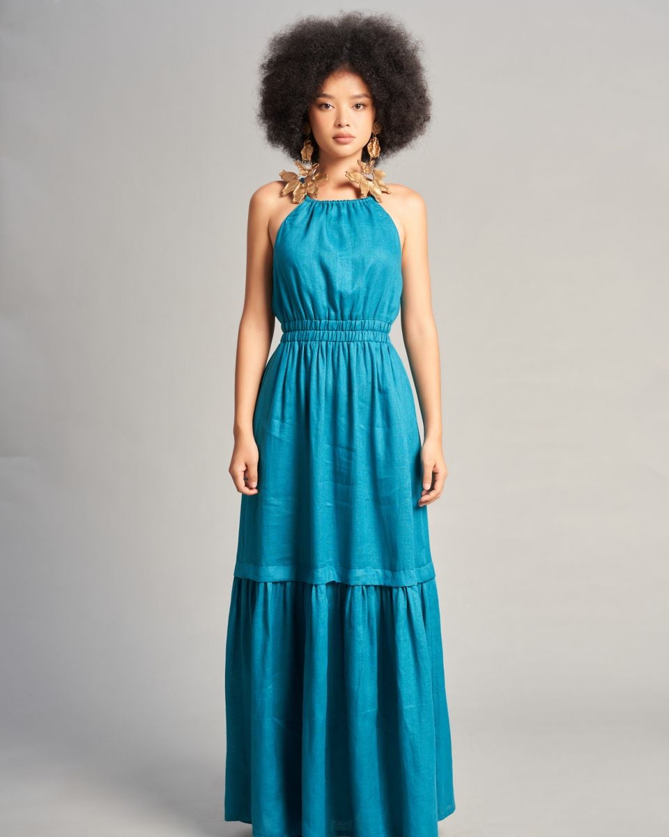 Đầm Nữ Linen Xanh Cổ Vịt Sắc Màu Tự Do