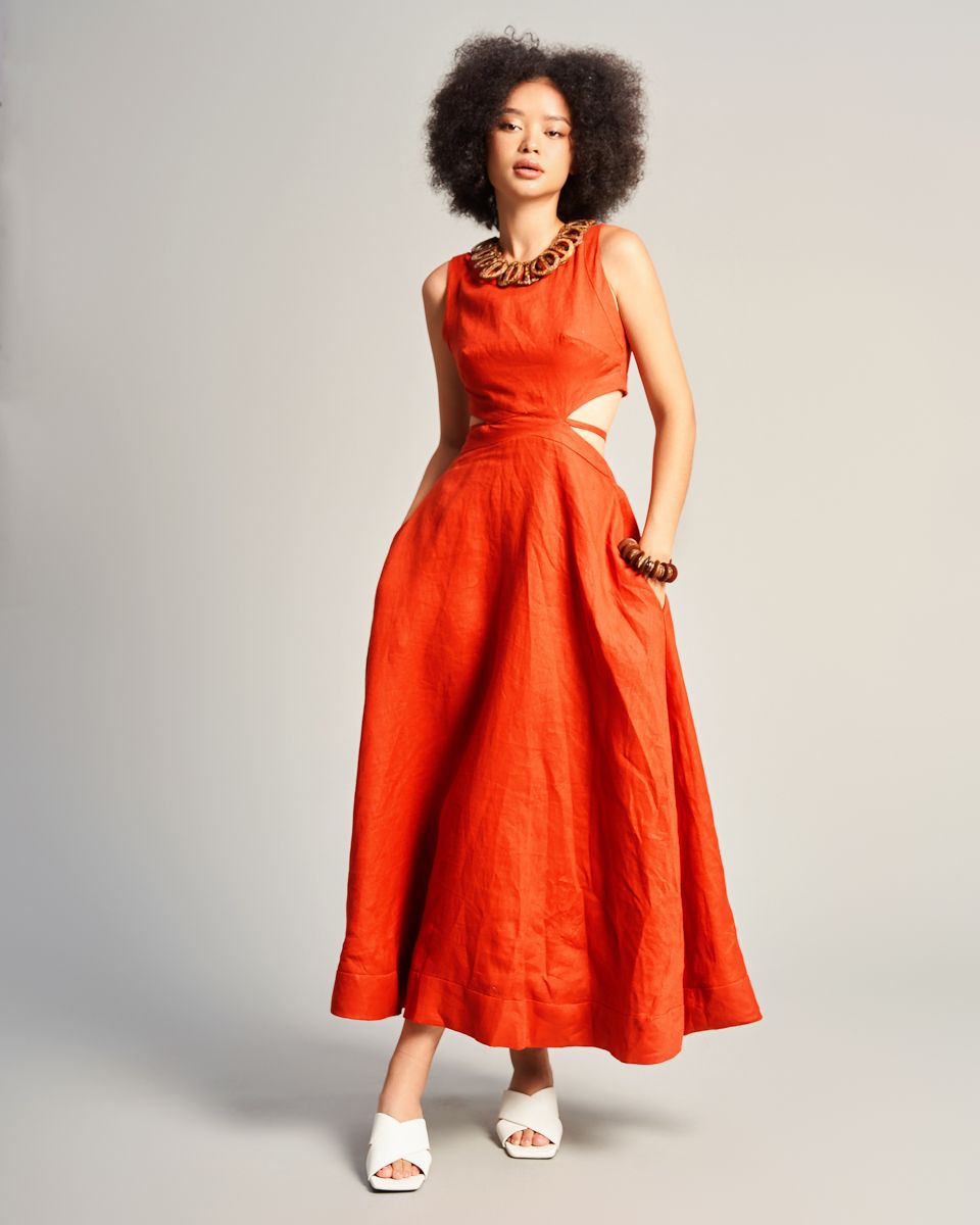 Đầm Nữ Linen Cam  Nâu Sắc Màu Tự Do