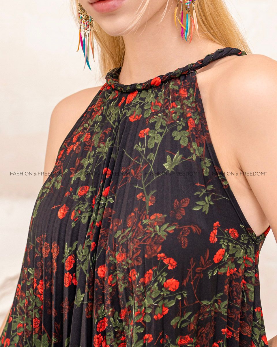 Đầm Voan Nữ Đen Hoa Đỏ