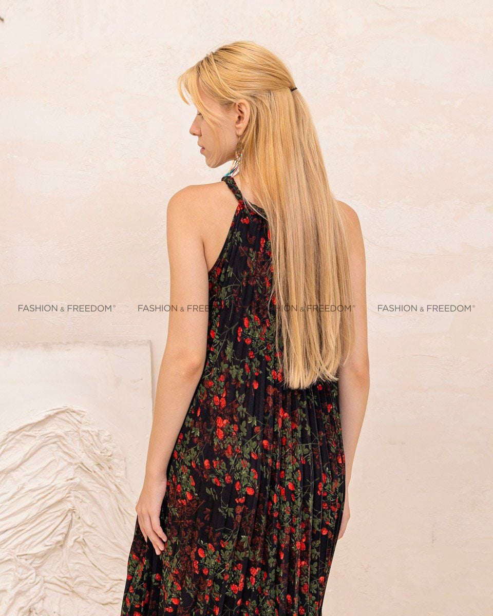 Đầm Voan Nữ Đen Hoa Đỏ