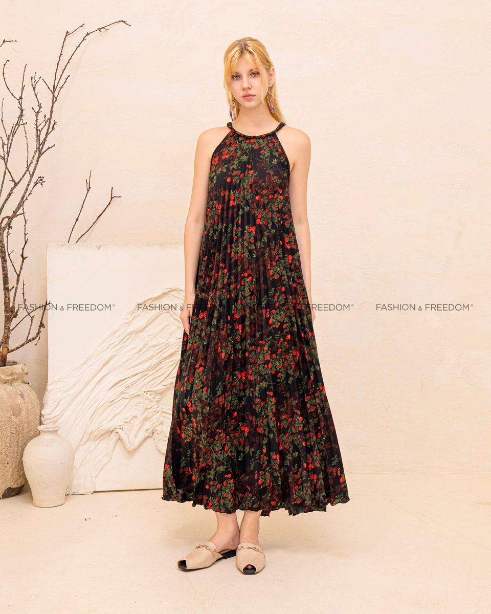 Đầm Voan Nữ Đen Hoa Đỏ