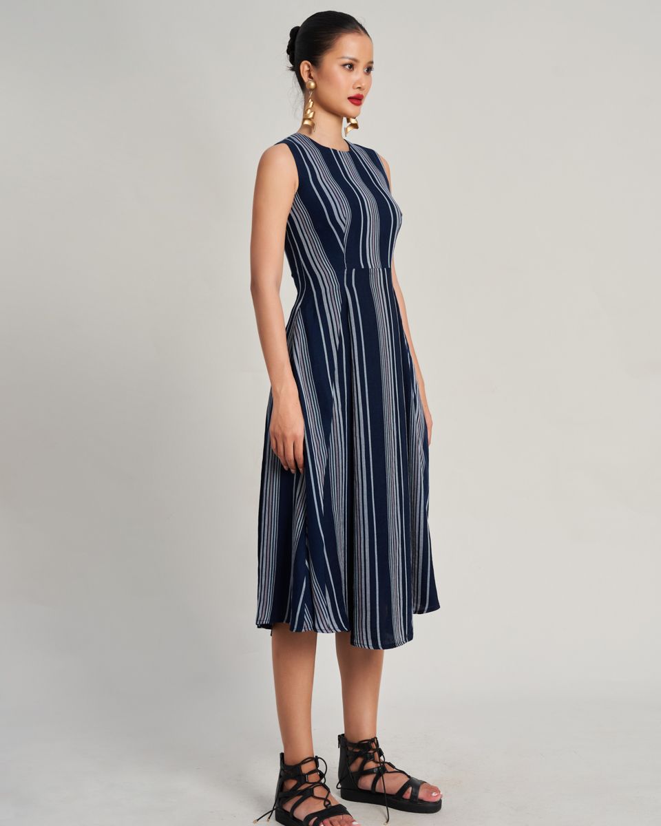 Đầm Linen Nữ Xanh Sọc Xám Golden Girl
