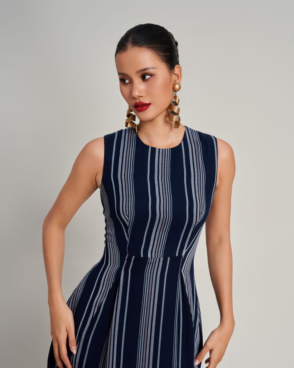 Đầm Linen Nữ Xanh Sọc Xám Golden Girl