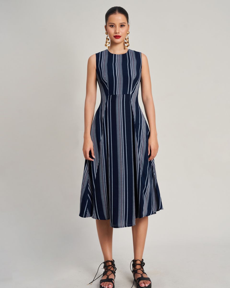 Đầm Linen Nữ Xanh Sọc Xám Golden Girl