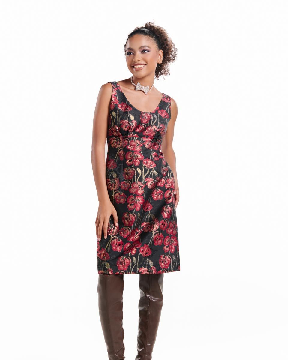 Đầm Gấm Đen Hoa Đỏ
