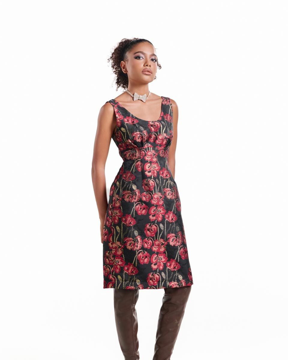 Đầm Gấm Đen Hoa Đỏ