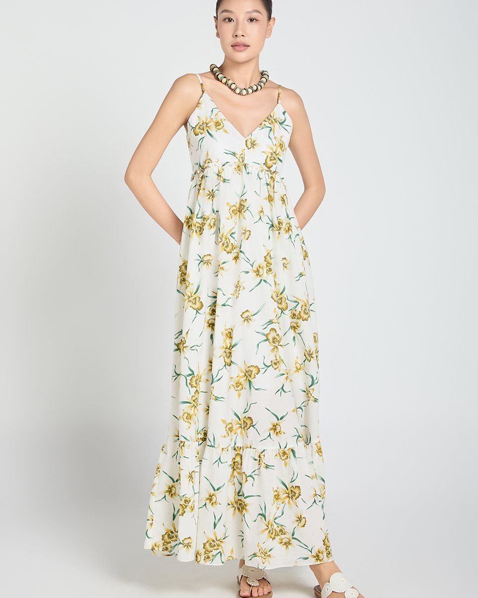 Đầm Linen Trắng Hoa Xanh A Touch Of Effortless Elegance