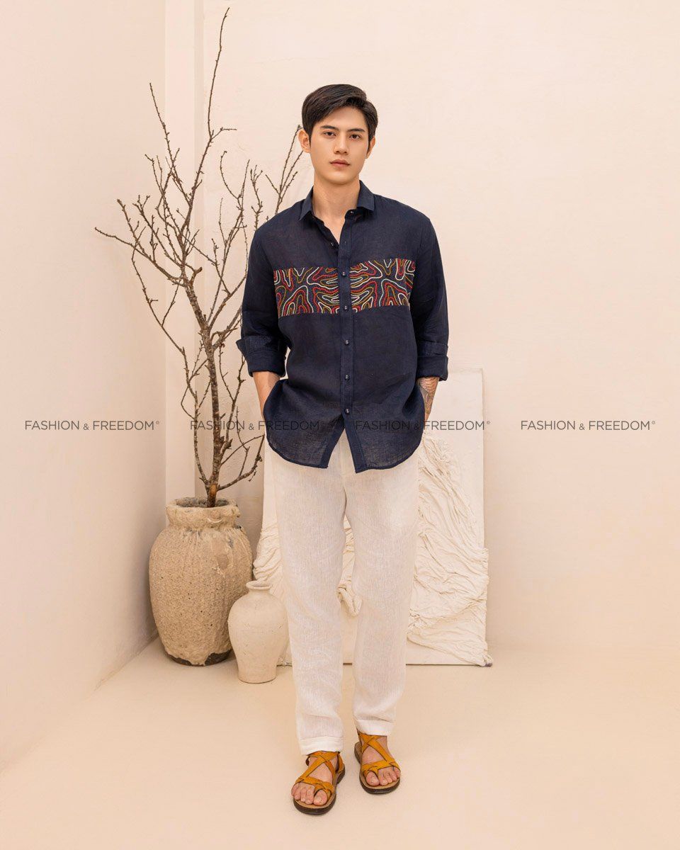 Áo Sơ Mi Linen Nam Xanh Đen Thêu