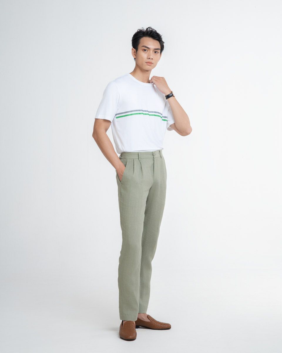 Áo Thun Cổ Tròn Trắng Sọc Xanh Xám