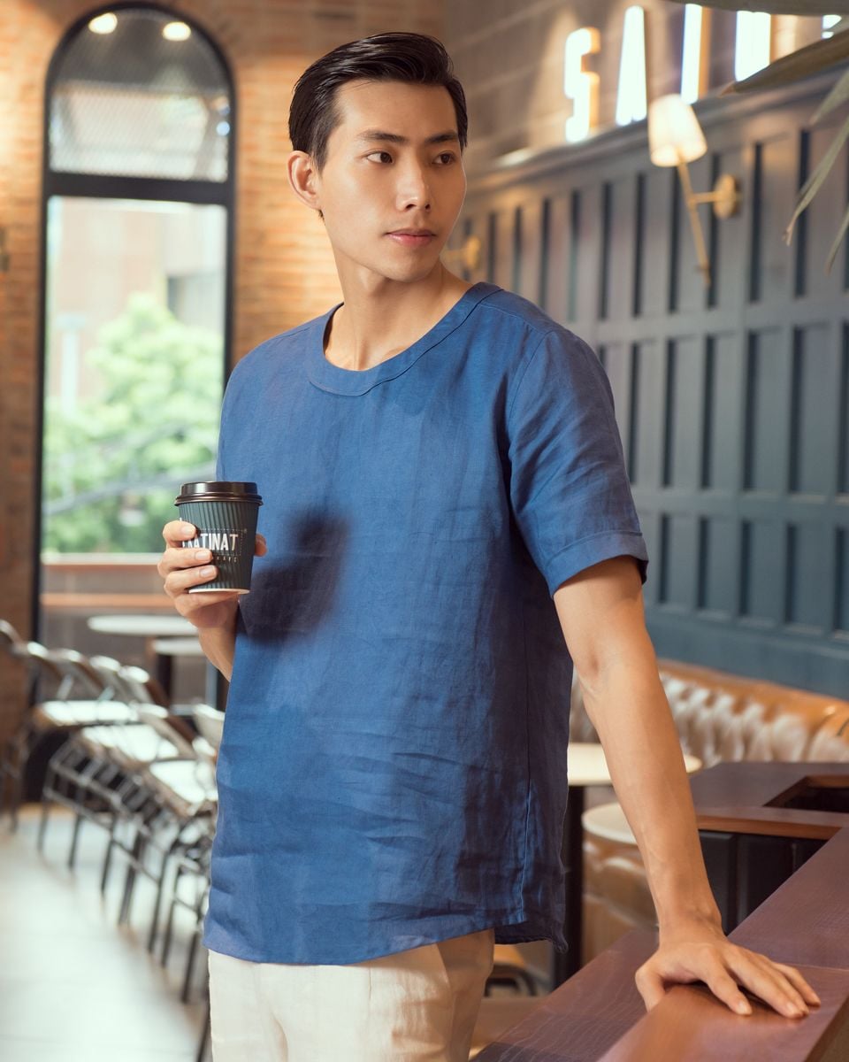 Áo Sơ Mi Cổ Tròn Linen Xanh Dương New Breeze