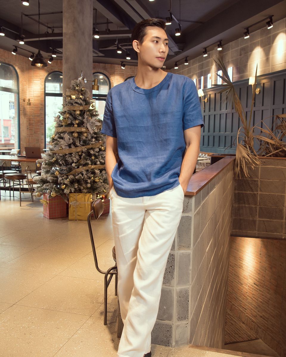 Áo Sơ Mi Cổ Tròn Linen Xanh Dương New Breeze