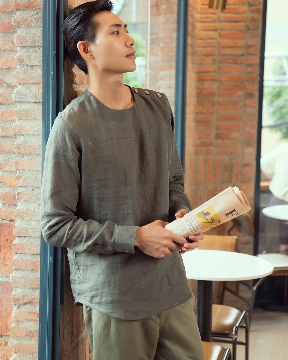 Áo Sơ Mi Nam Linen Xanh Rêu New Breeze