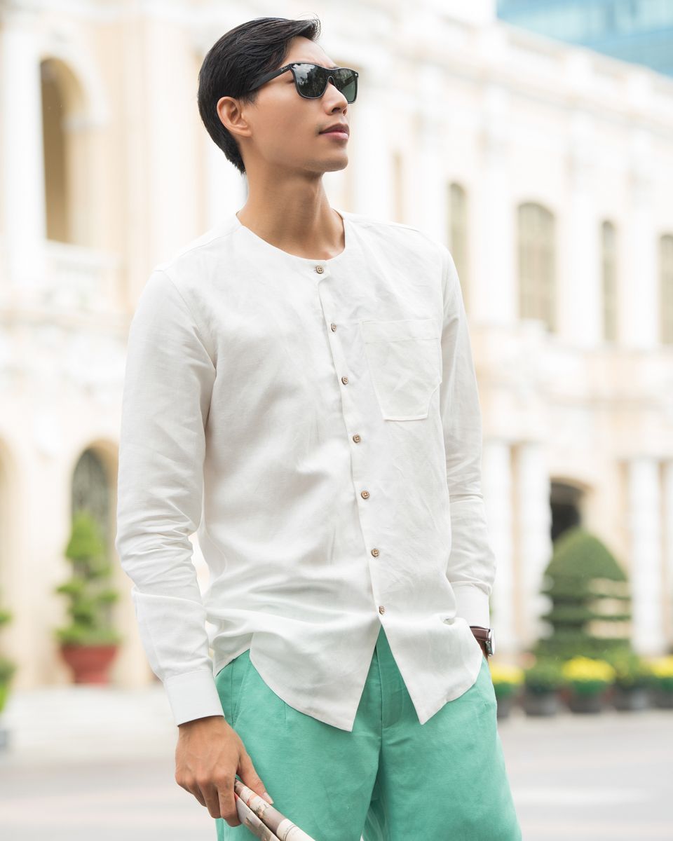 Áo Sơ Mi Nam Linen Trắng New Breeze