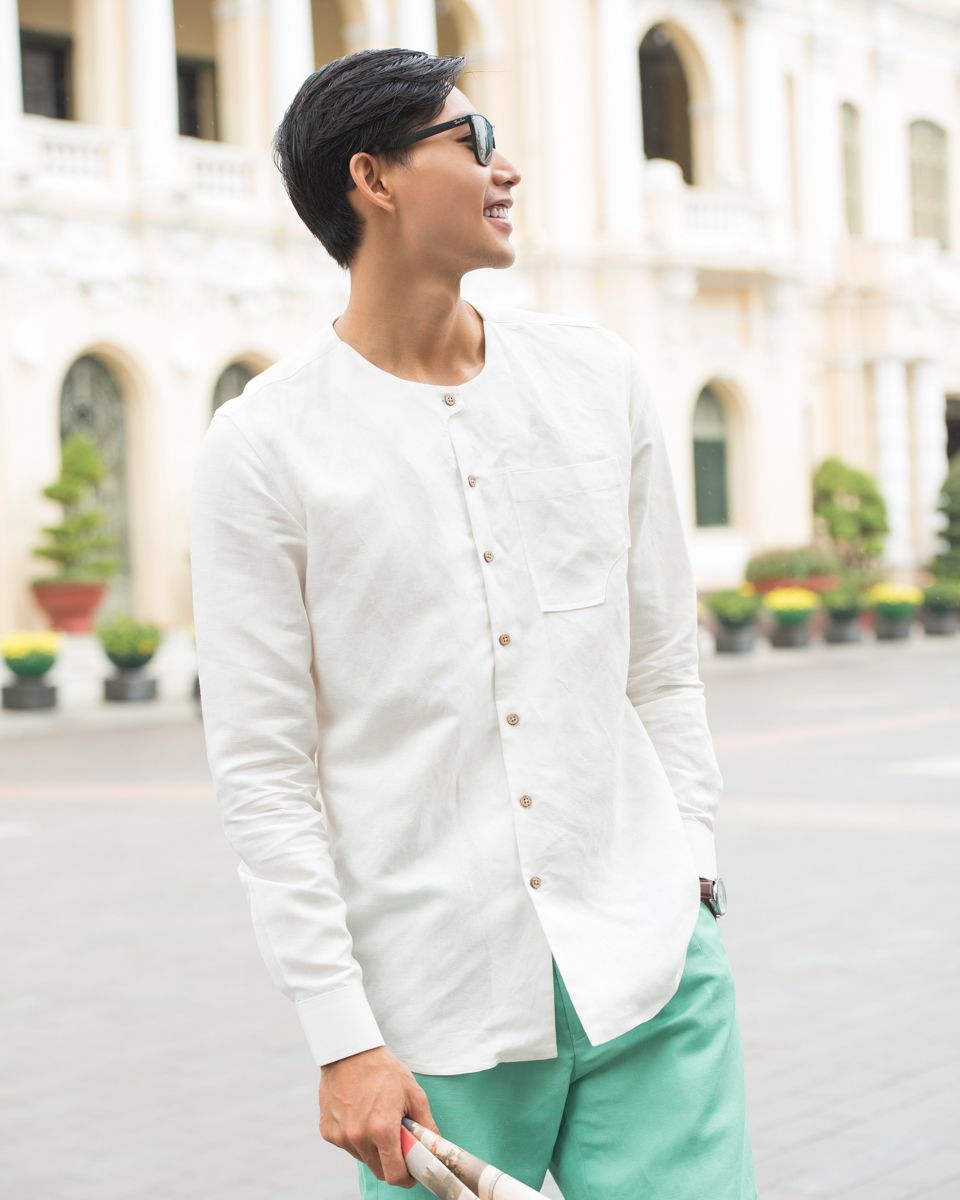 Áo Sơ Mi Nam Linen Trắng New Breeze