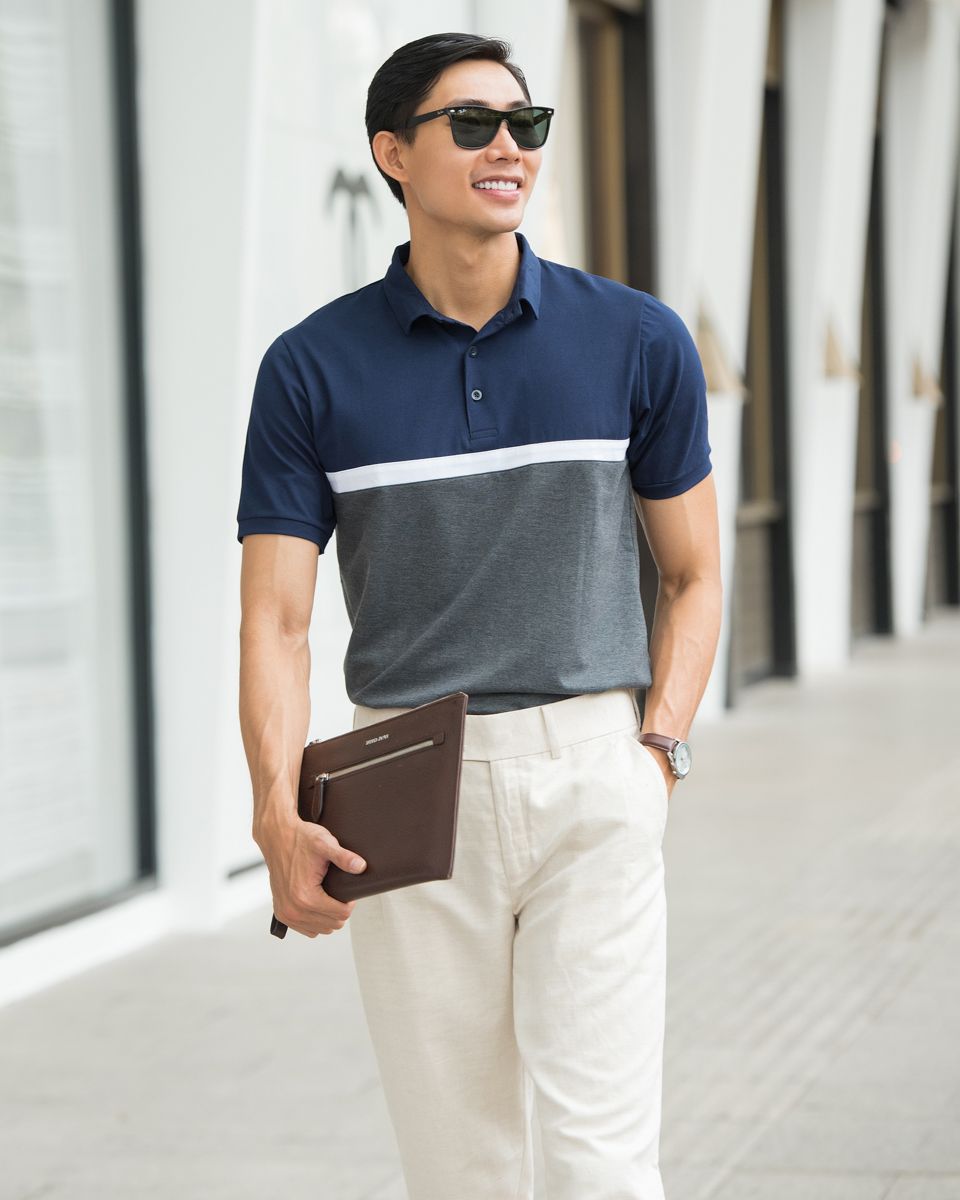 Áo Thun Có Cổ Xanh Phối Xám