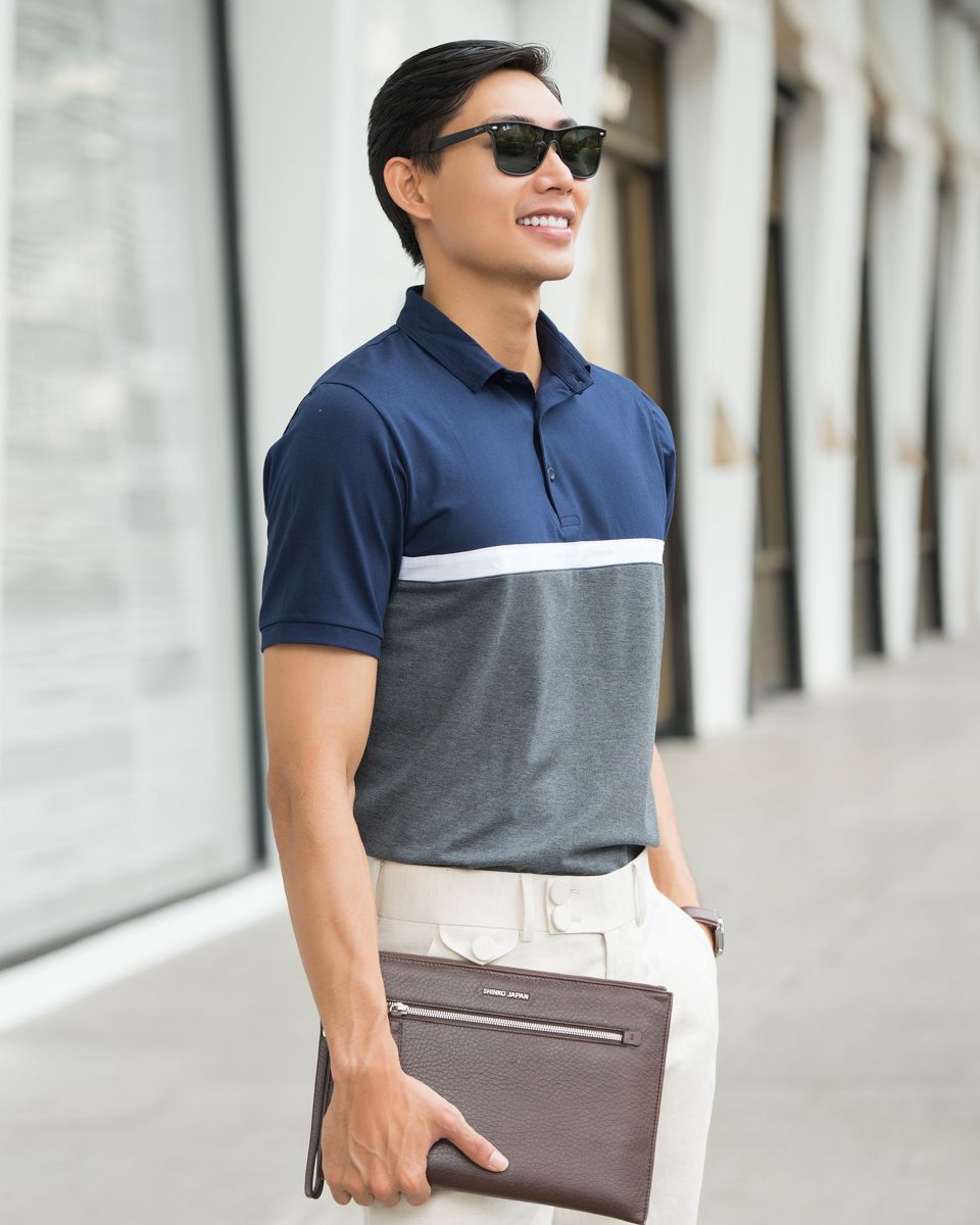 Áo Thun Có Cổ Xanh Phối Xám