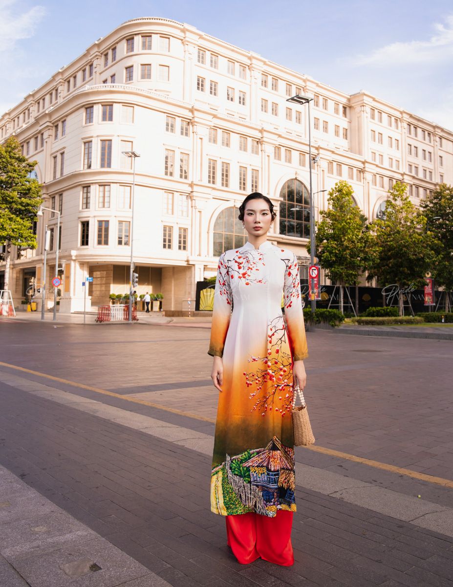 Áo Dài Lụa Trắng Cam