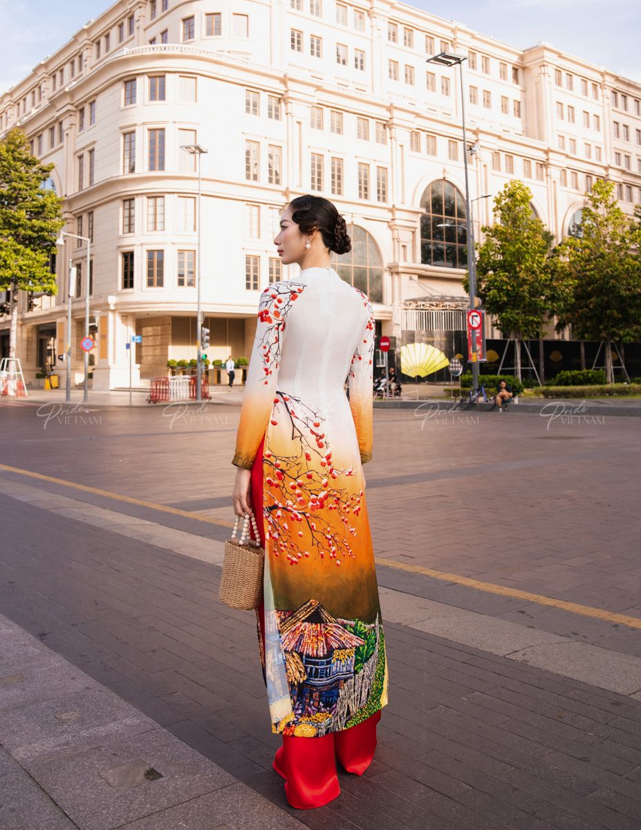 Áo Dài Lụa Trắng Cam
