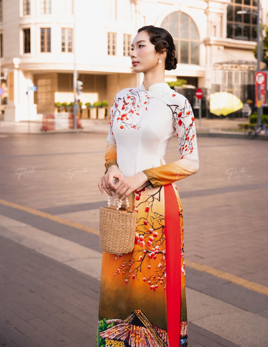 Áo Dài Lụa Trắng Cam