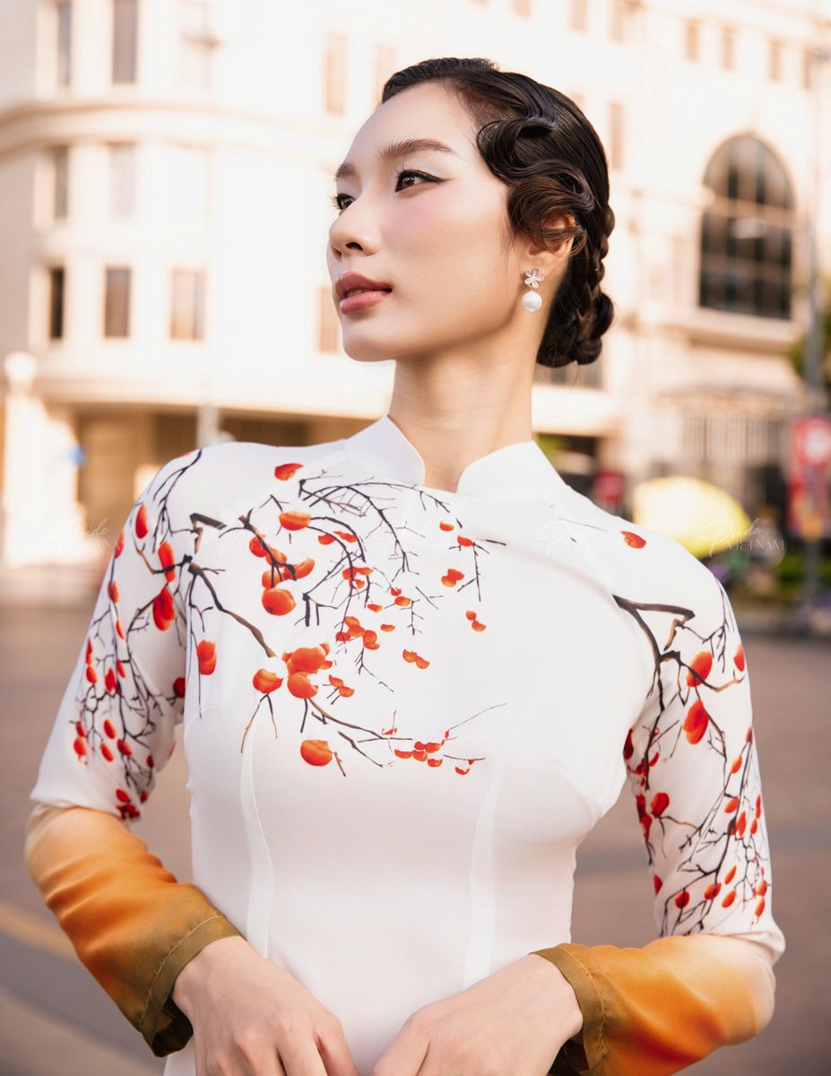 Áo Dài Lụa Trắng Cam
