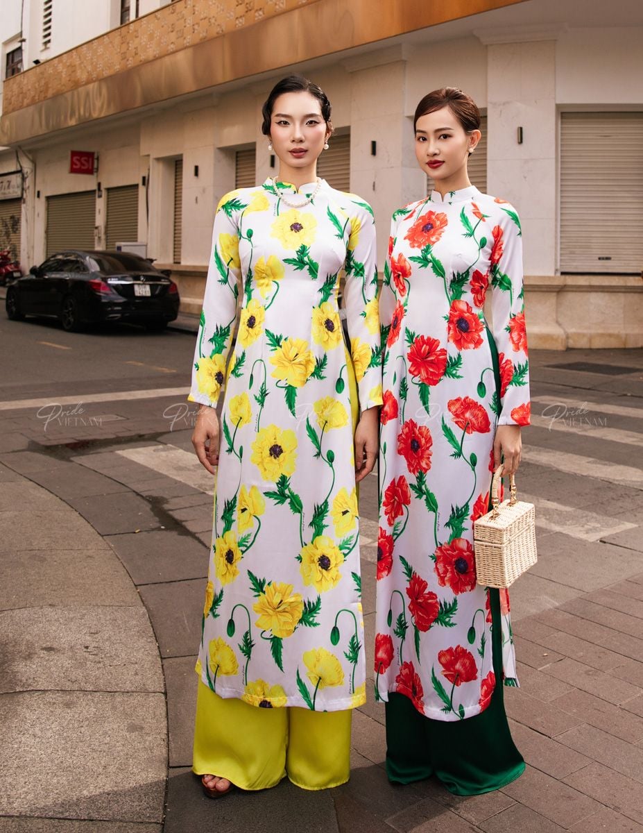 Áo Dài Lụa Họa Tiết Trắng Hoa Vàng  Hồn Việt