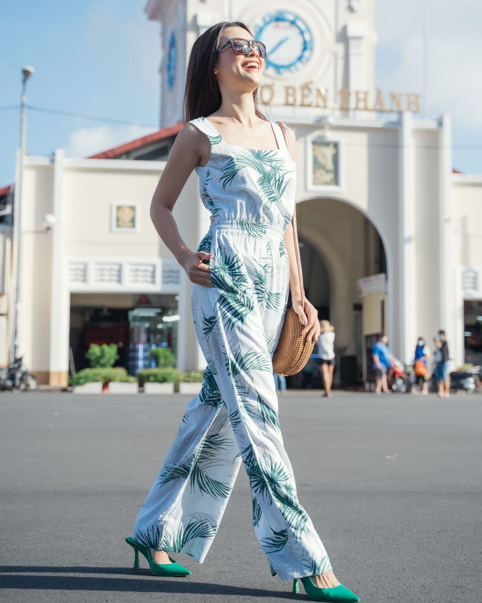 Jumpsuit Linen Nữ Trắng Họa Tiết City Girl