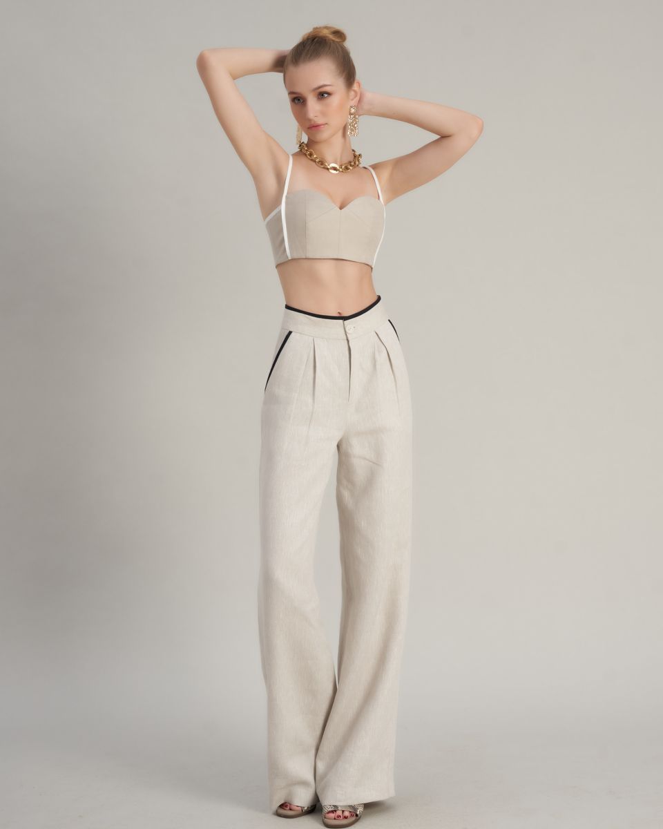 Quần Dài Linen Nữ Kem Viền Đen Hello New Day