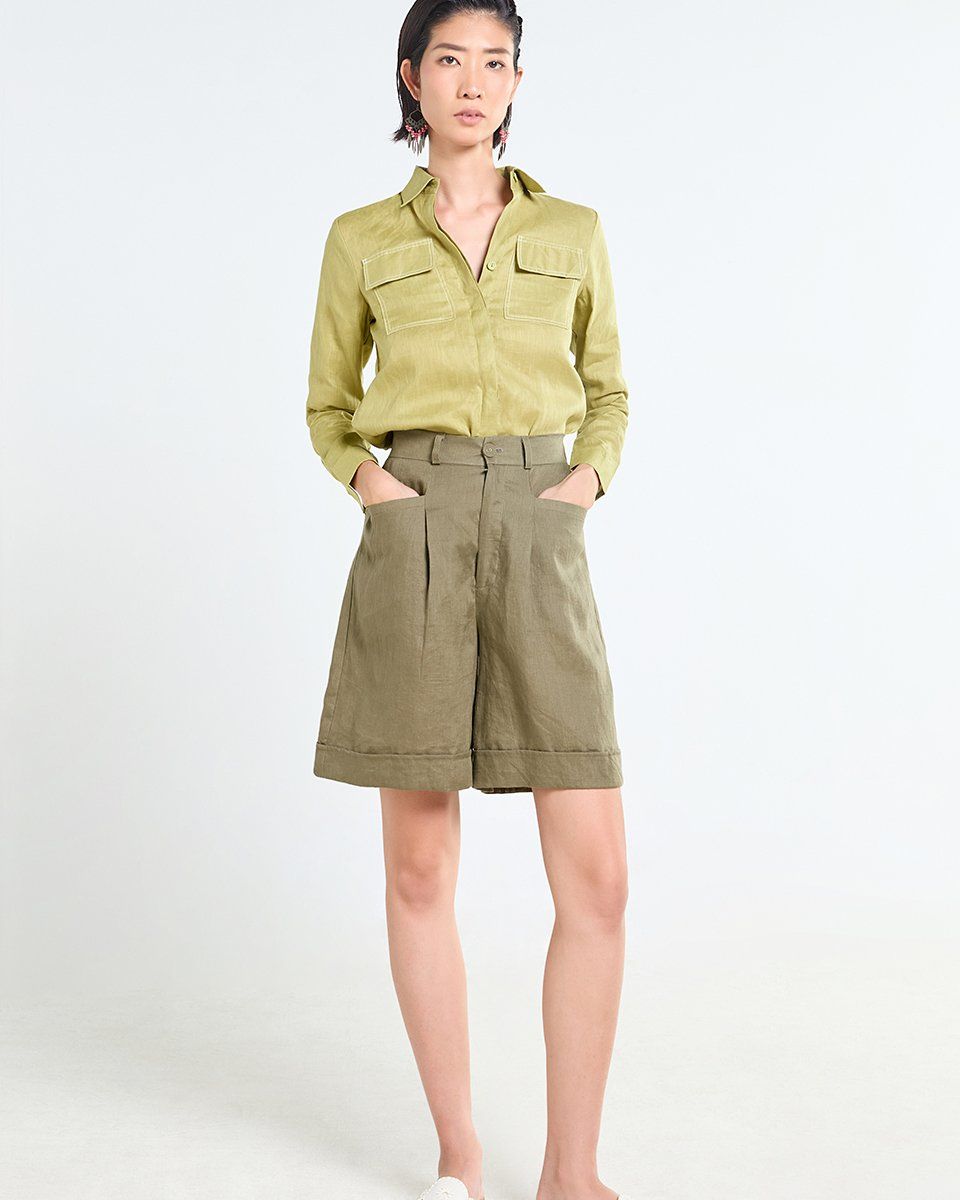 Quần Short Linen Nữ Rêu Đậm Tender Drit