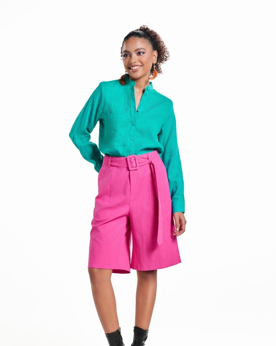 Áo Sơ Mi Linen Nữ Cổ Trụ Xanh Két