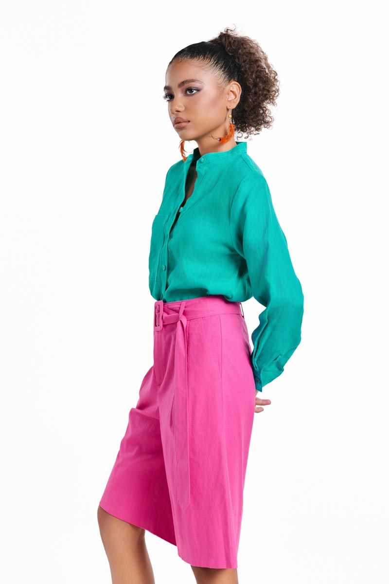 Áo Sơ Mi Linen Nữ Cổ Trụ Xanh Két