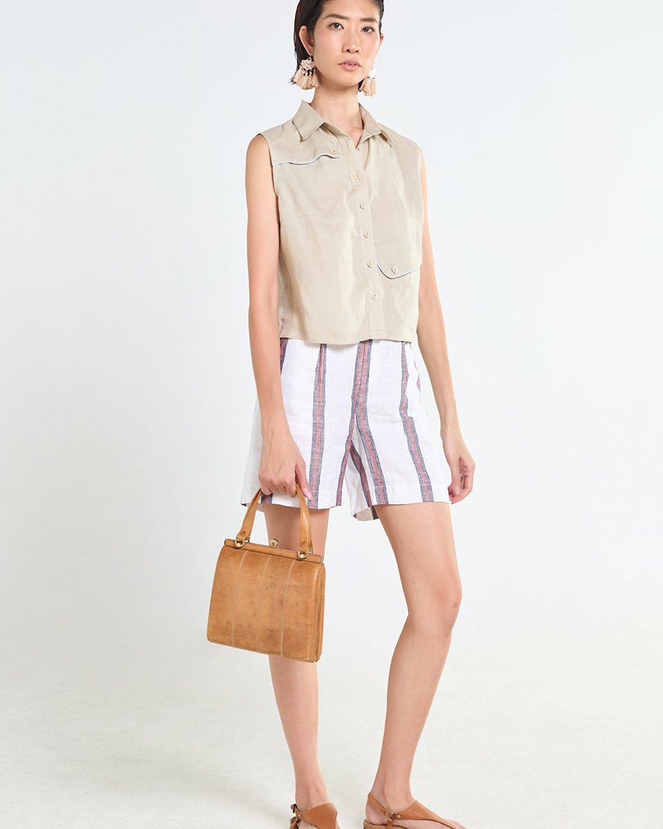 Quần Short Linen Trắng Sọc Ba Màu Tender Drit