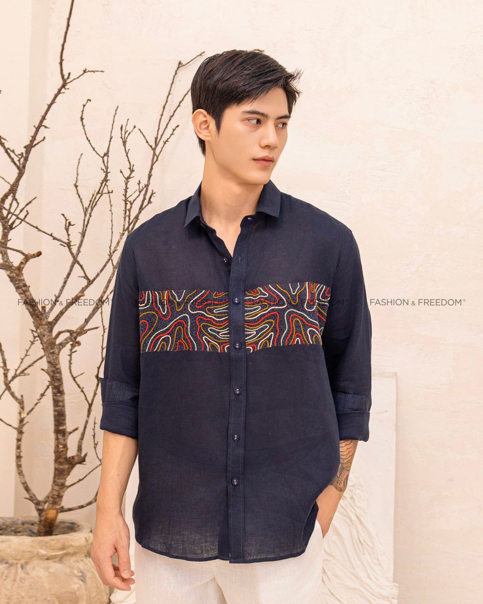 Áo Sơ Mi Linen Nam Xanh Đen Thêu