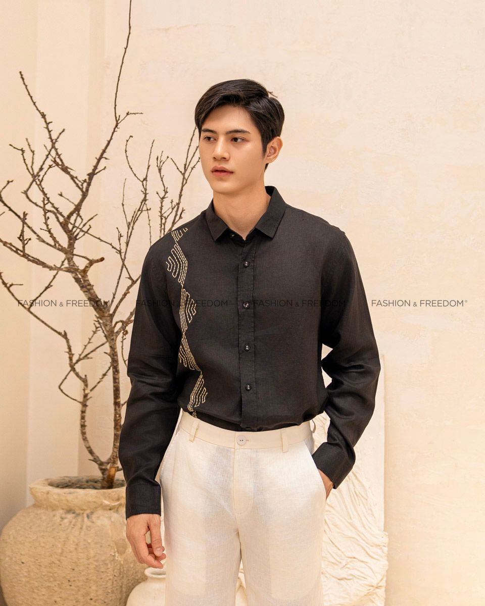 Áo Sơ Mi Linen Nam Đen Thêu