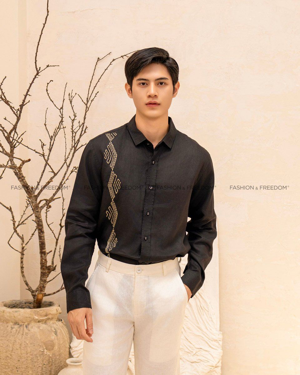 Áo Sơ Mi Linen Nam Đen Thêu
