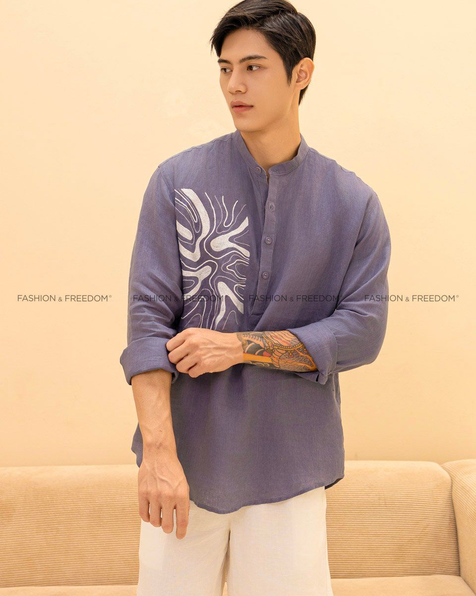 Áo Sơ Mi Linen Nam Xanh Xám Thêu