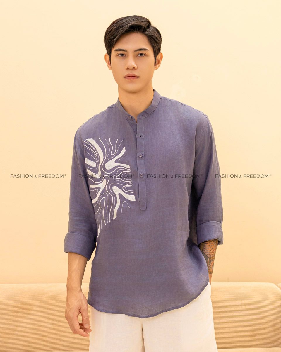 Áo Sơ Mi Linen Nam Xanh Xám Thêu
