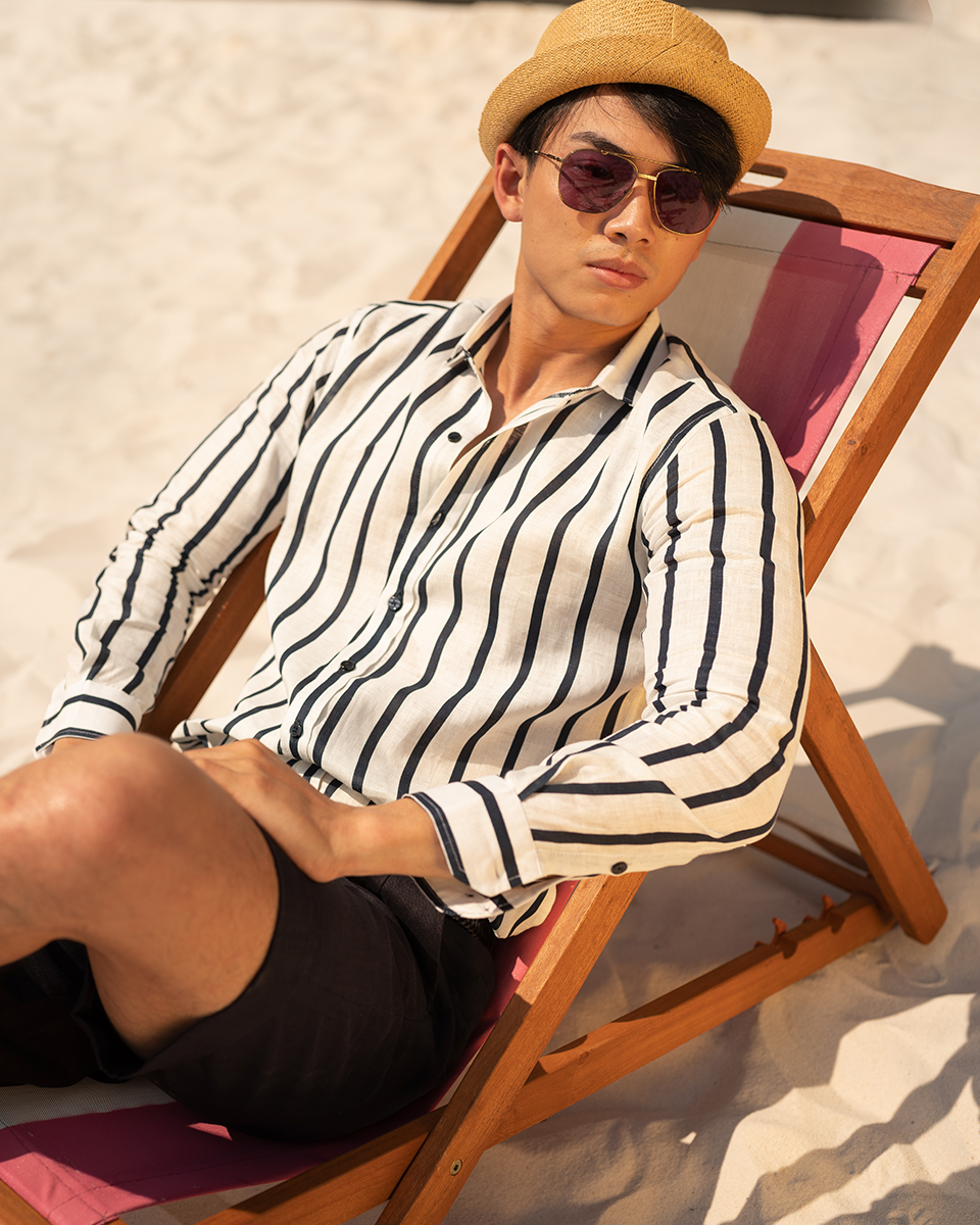 Áo Sơ Mi Nam Linen Trắng Sọc Đen