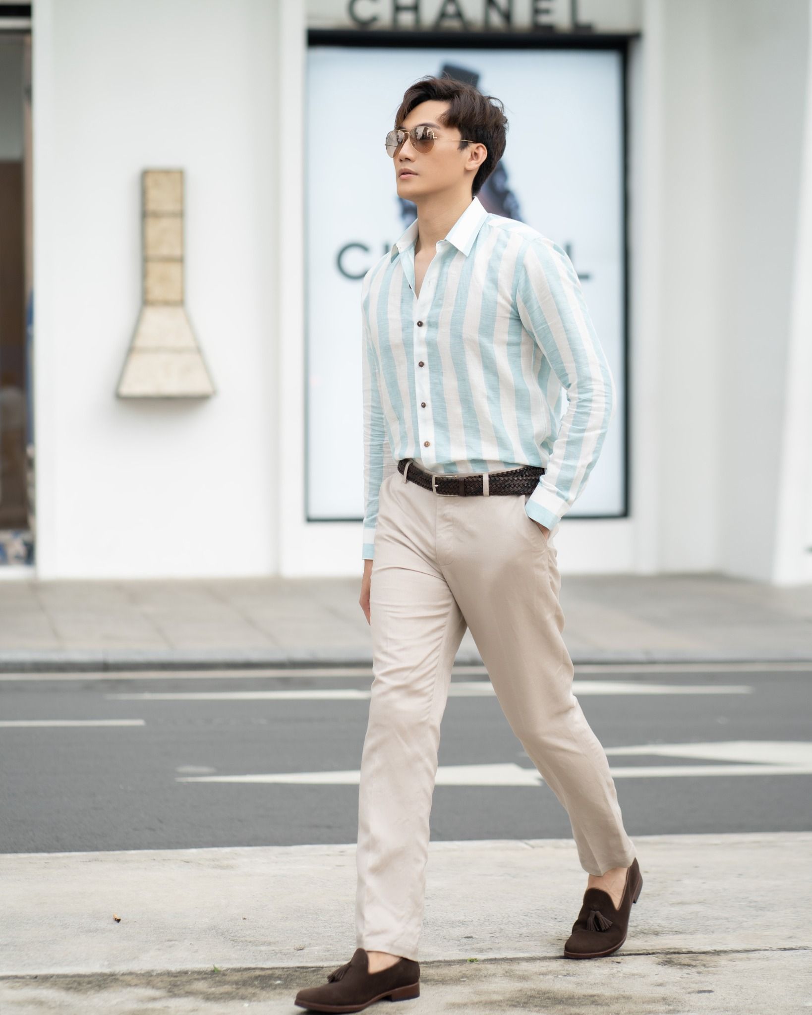 Áo Sơ Mi Linen Trắng Sọc Xanh