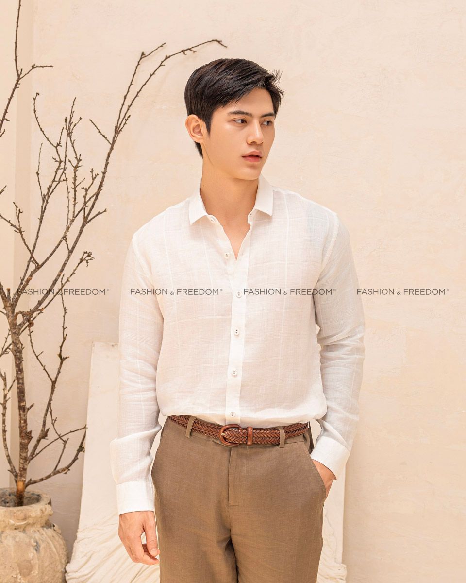 Áo Sơ Mi Nam Linen Trắng Chỉ Nổi