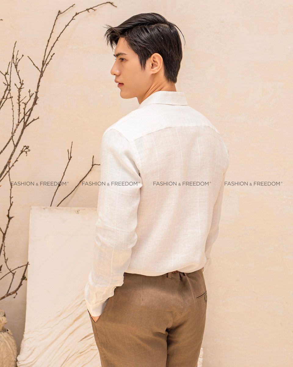 Áo Sơ Mi Nam Linen Trắng Chỉ Nổi
