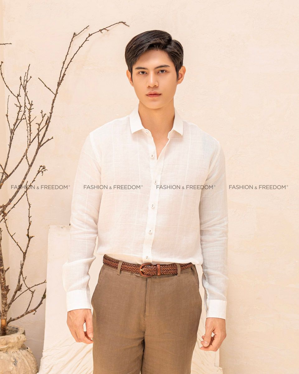 Áo Sơ Mi Nam Linen Trắng Chỉ Nổi